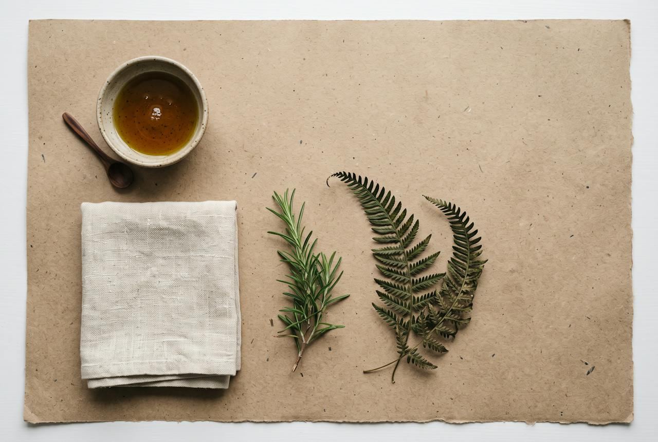 Kraft paper with a small bowl of oil, a folded linen cloth, a sprig of rosemary and a dried fern.