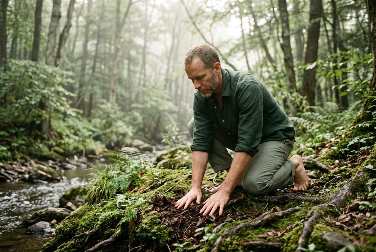 A man in a green linen shirt kneeling barefoot on mossy roots beside a creek, hands pressed to the ground.